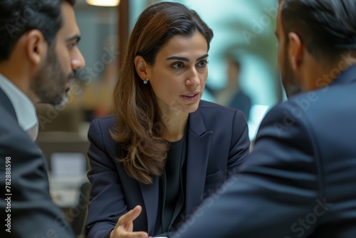 an elegant Spanish woman in a suit explains a complicated situation to 2 interlocutors of Lebanese origin in suits. photo