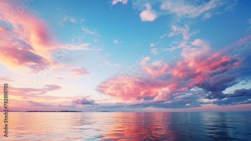 Evening blue sky, colorful clouds on the blue sea background. 