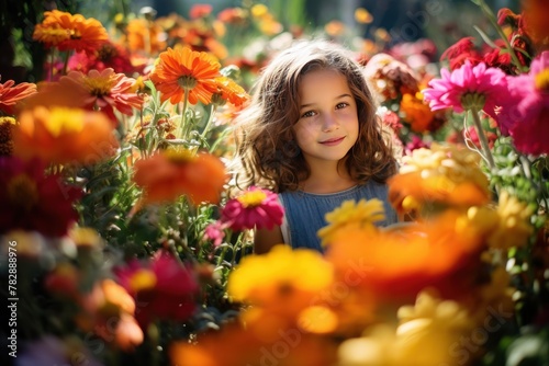 photograph of girl in flower garden Surrounded by various flowers On the background of a field of colorful flowers 