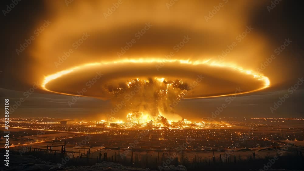 Vidéo Stock A large explosion is shown in the sky with a city in the ...