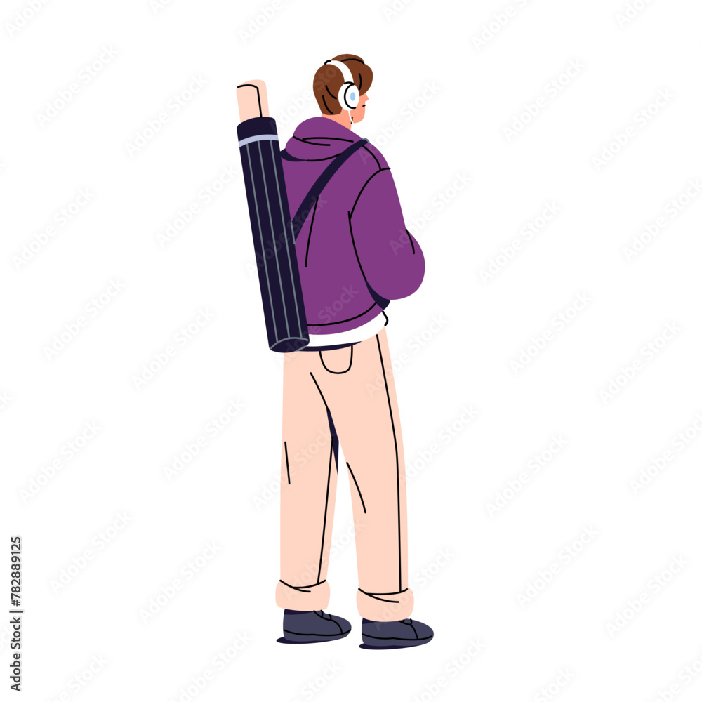 Student of architecture faculty carries drafts. Architect with rolled blueprints in tube. Artist boy listens to music with headphones back view. Flat isolated vector illustration on white background Student of architecture faculty carries drafts. Architect with rolled blueprints in tube. Artist boy listens to music with headphones back view. Flat isolated vector illustration on white background