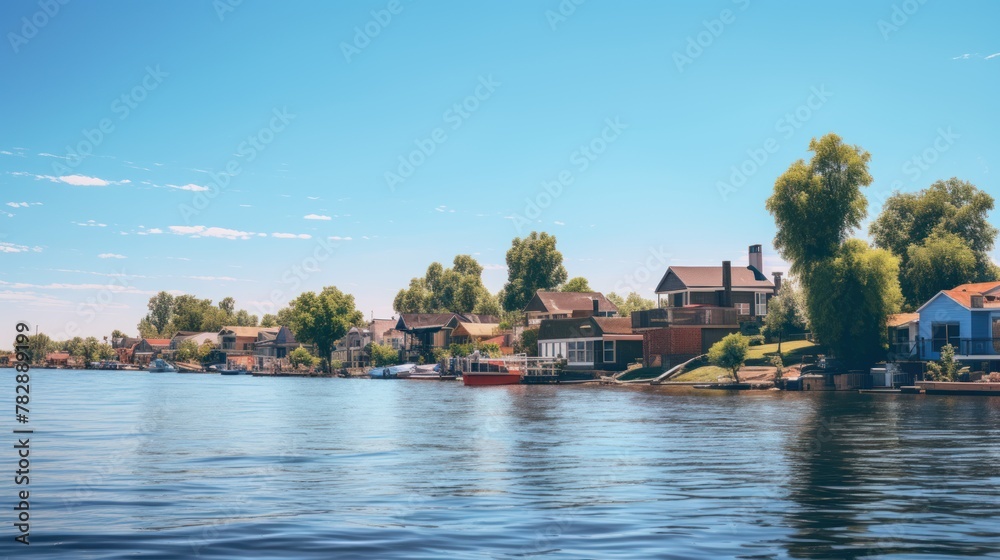 Houses along the water have water turbines installed. on the background of the blue sky Houses along the water have water turbines installed. on the background of the blue sky