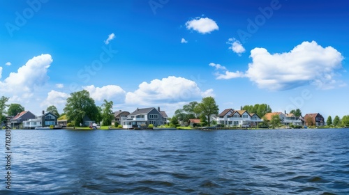 Houses along the water have water turbines installed. on the background of the blue sky 