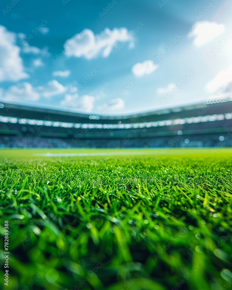 Soccer stadium view, grass texture focus, fans in blur, championship aura , clean sharp focus