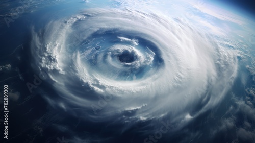  Hurricane seen from above Forming a large whirlwind. on the background of the blue sky