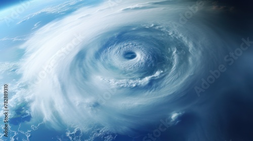  Hurricane seen from above Forming a large whirlwind. on the background of the blue sky