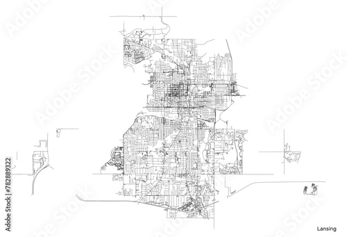 Lansing city map with roads and streets, United States. Vector outline illustration.