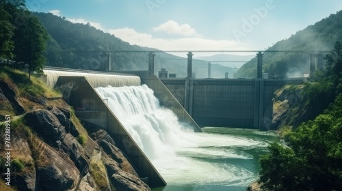 Hydroelectric dam, waterfall flowing down, green forest background. 