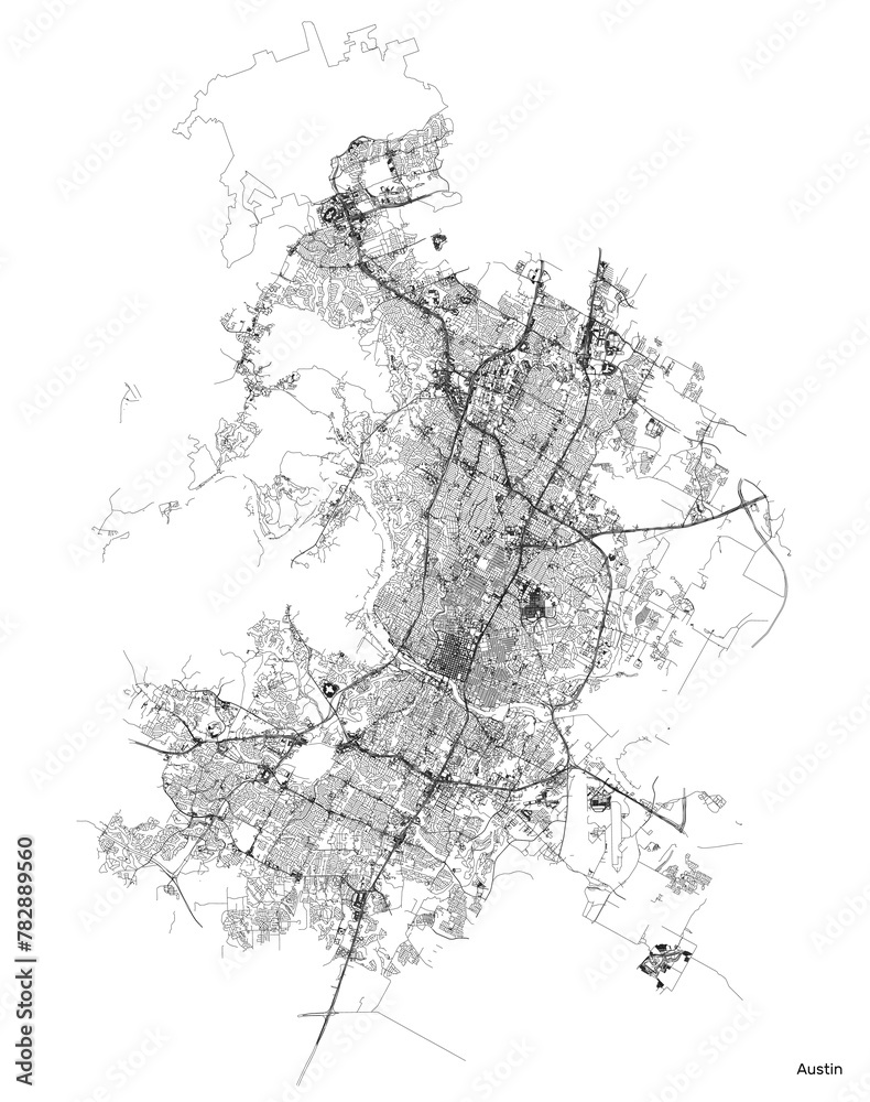 Austin city map with roads and streets, United States. Vector outline illustration.