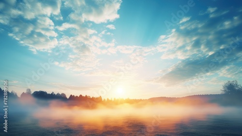 photograph of light and nature The morning sun shines On the background of the bright blue sky with some mist floating above the ground  © venusvi