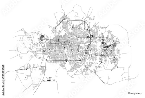 Montgomery city map with roads and streets, United States. Vector outline illustration.