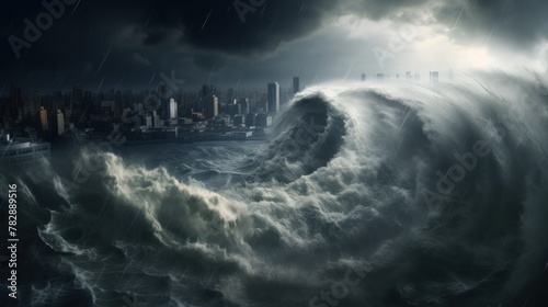 large hurricane It is hitting cities, sea coasts, high floods against the background of a black sky. 