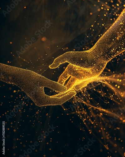 Virtual currency transaction, handtohand, Holographic, glowing lines, cyber deal , no grunge, splash, dust photo