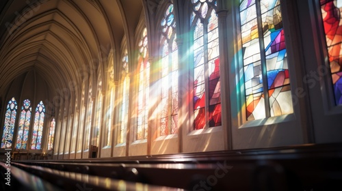  Light in the church. Light shines through colorful stained glass. white wall decorations 
