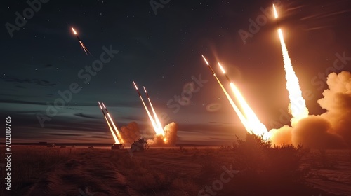 many ballistic missiles fly from the sky against the background of a dark sky at dusk over unpaved ground