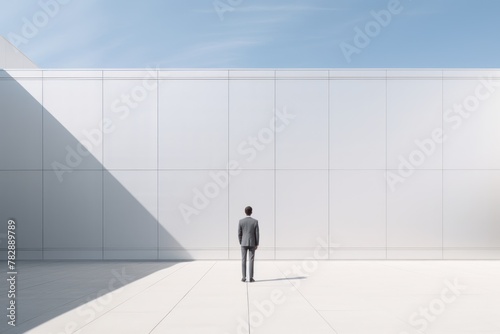Minimalism style businessman standing in front of white building