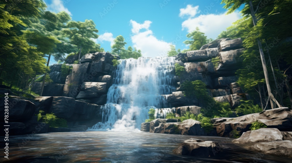 photograph of Multi-tiered waterfall, blue water, blue sky on a green forest background. 