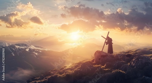 Jesus carrying the cross at sunrise on mountain background,.
