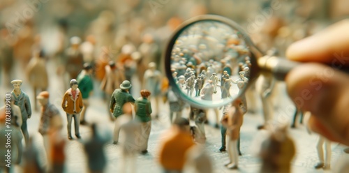 person holding a magnifying glass to the field of white people