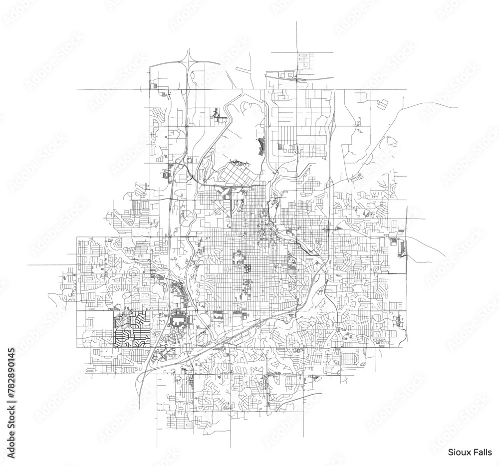 Sioux Falls city map with roads and streets, United States. Vector outline illustration.