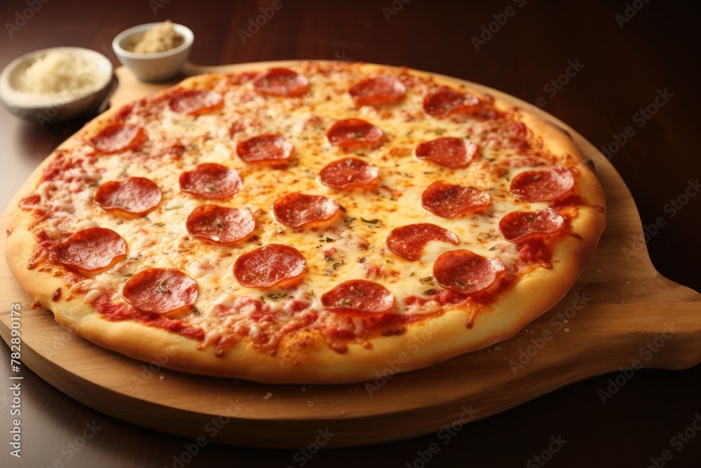Pepperoni pizza, thin crispy dough, stretched cheese, pepperoni topping, sprinkled with oregano on a wooden tray. 