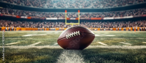 Realistic American football ball lies on the football field. Against the backdrop of the stands with fans. photo