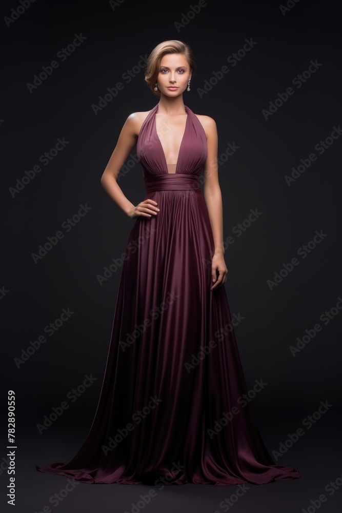 young Russian woman wearing gown for shoot and modeling on a dark background. Fictional Character Created by Generative AI.