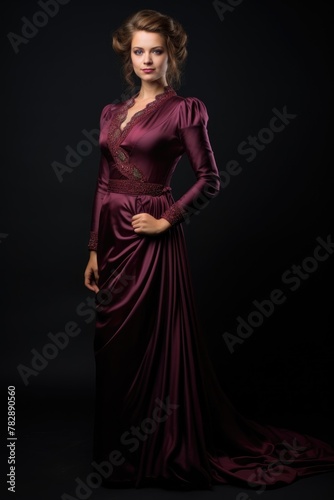 young Russian woman wearing gown for shoot and modeling on a dark background. Fictional Character Created by Generative AI.