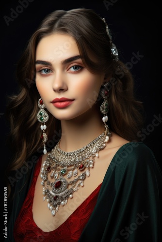 young Russian woman wearing a inspired traditional jewelry and posing for a picture. Fictional Character Created by Generative AI.