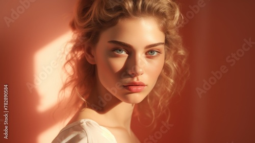Elegant blonde young Russian woman posing for a photo with a warm glow in her cheeks Fictional Character Created by Generative AI.