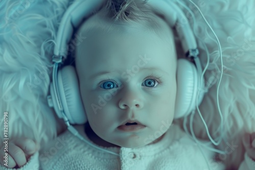 white baby with headphones on photo