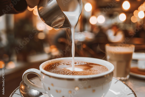 Person pouring milk or cream from metal stainless steel jug into a coffee white ceramic cup. Making hot steaming coffee. Coffee shop, restaurant, cafeteria. Thick Froth. Close-up view. Fresh beverage