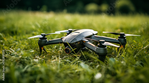 Drone with camera on vibrant green grassy field ai generated closeup image photo