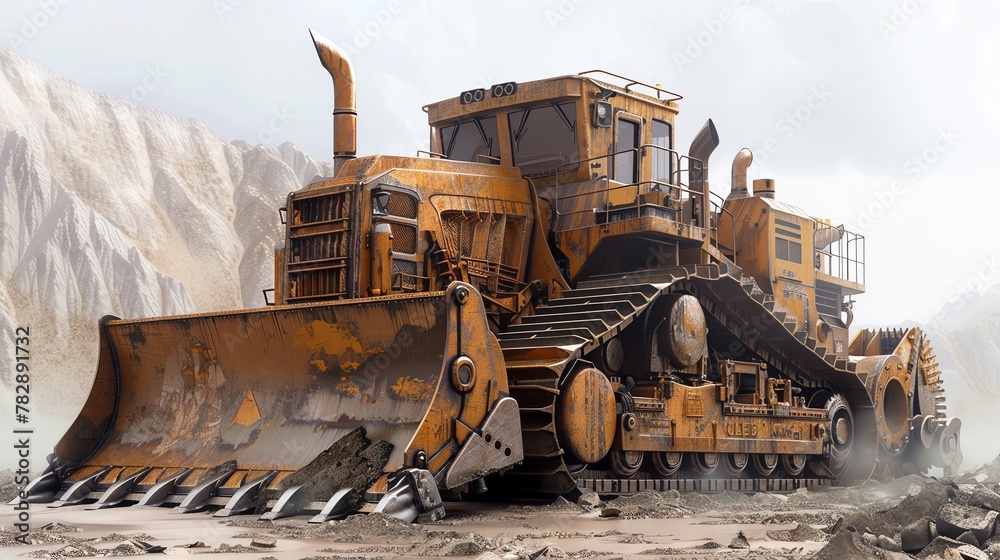 Bulldozer A massive machine with rugged, steel exterior and powerful treads, designed to reshape landscapes with precision and force