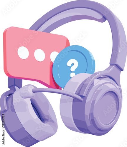3D Stock Vector of Headphones with Message and Question Mark, Customer Support, Hotline Service for Help and FAQ, Headset with Speech Bubble in Cartoon Creative Design Icon Isolated on Purple Backgrou