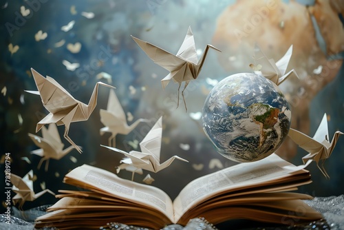 Delicate paper cranes with open beaks hold books of knowledge as they flutter gracefully away from a celestial globe, their message of wisdom spreading across the world photo