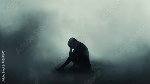 A figure sitting alone, head hanging low, surrounded by empty space and a heavy atmosphere of grief