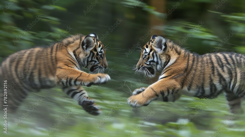 Obraz premium A pair of sibling tiger cubs with blurred motion as they interact in a playful pouncing manner