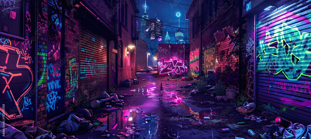 Alley with neon light garbage and graffiti at night Alley with neon light garbage and graffiti at night