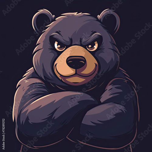 close-up portrait of a cartoon bear character with a mischievous smile and crossed arms