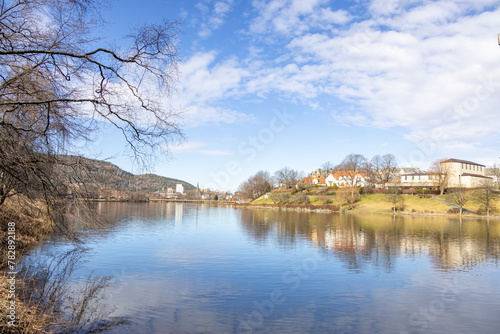 walking along nidelven (river) in a spring mood in trondheim city, trøndelag, nidelven, water, river, landscape, sky, nature, city, reflection, view, trees, clouds, travel, architecture, house, buildi