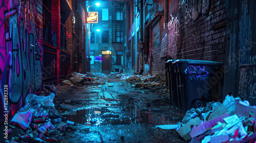Alley with neon light garbage and graffiti at night ©  Mohammad Xte