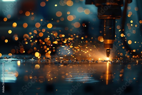 The subtle beauty of precision laser welding on battery tabs, with sparks illuminating the scene and laser equipment gently out of focus in the background