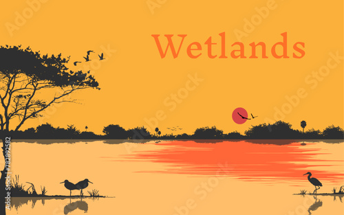 Sunset landscape wetlands beautiful scenery vector background tree river lake sun sky birds boat silhouette background illustration wallpaper photo