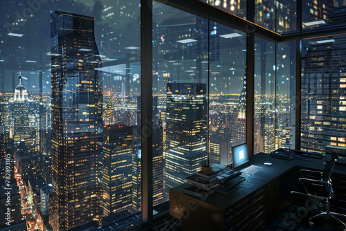 Office inside a skyscraper overlooking the city
