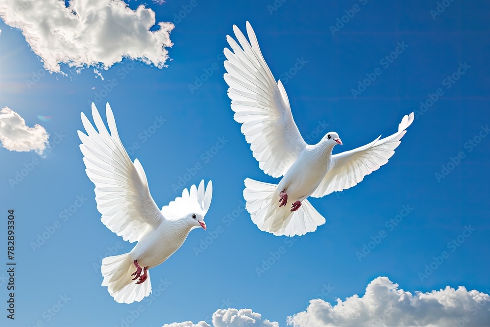 White doves in flight peace and freedom symbol