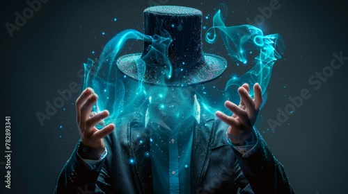 Magician in suit performing with mystical energy orbs and cosmic dust against a dark backdrop