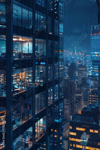 Office inside a skyscraper overlooking the city