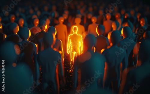 Be Standout 3D Concept, One Man Glowing Among Other People in Dark Condition photo