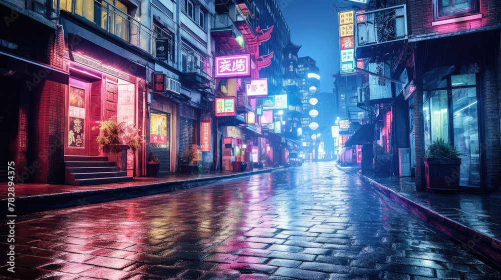 Rainy Night on Neon-Lit Asian Street